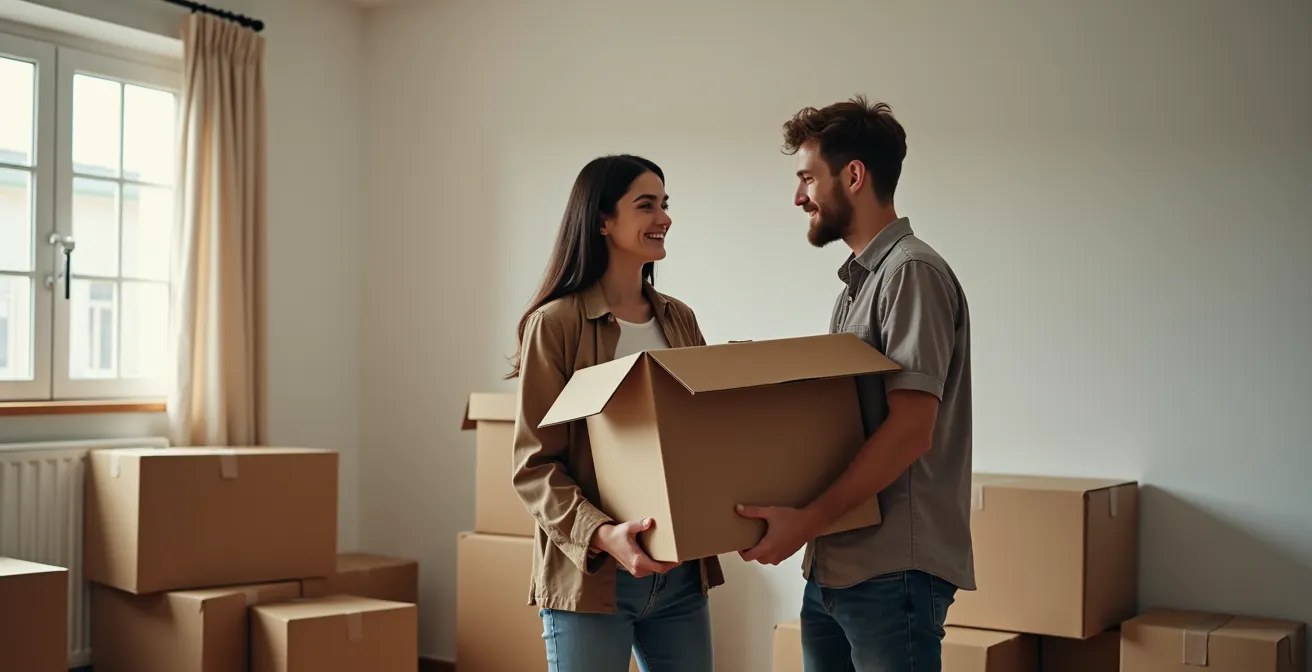 Famille emballant des cartons lors d'un déménagement