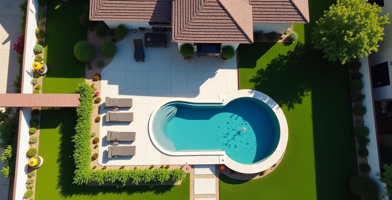 Vue aérienne d'un jardin avec piscine hors-sol et aménagement paysager