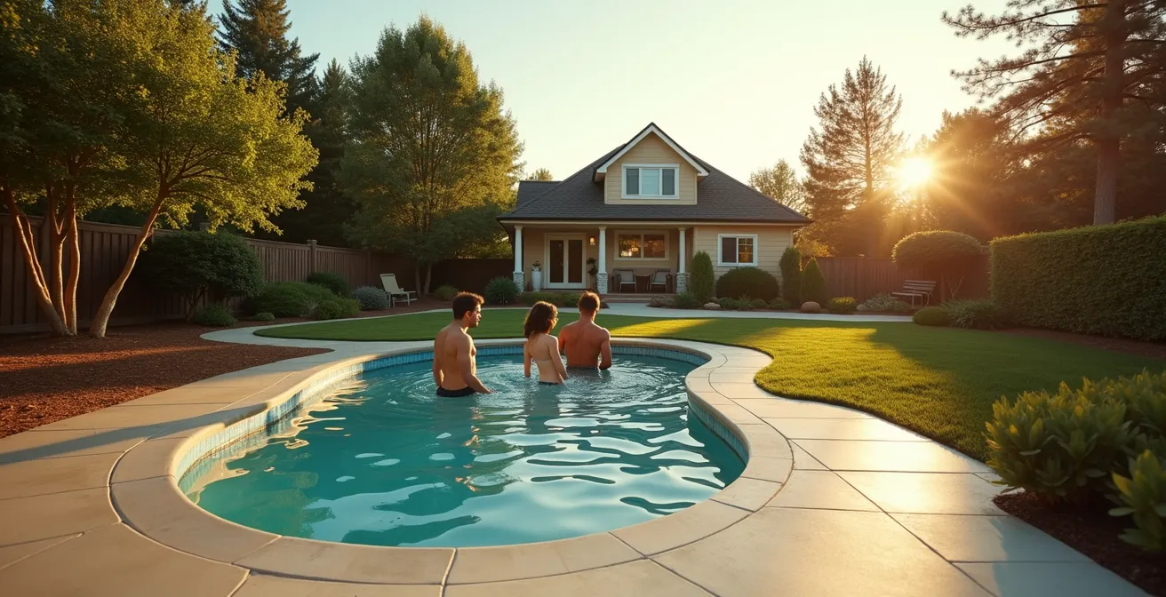 Famille profitant d'une piscine tubulaire dans le jardin