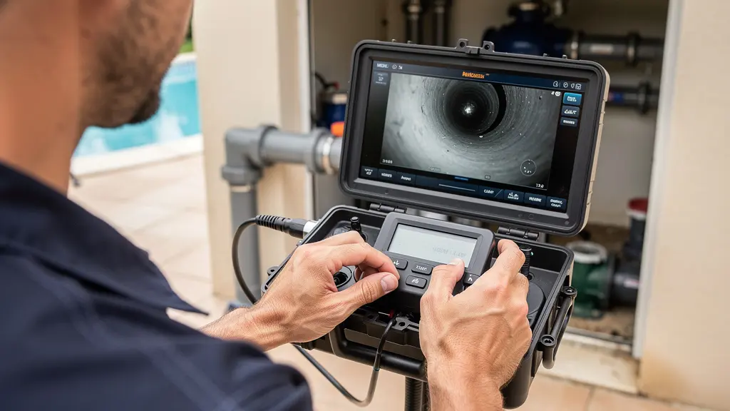 Professionnel utilisant une caméra d'inspection près du local technique piscine