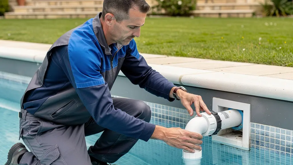 Technicien spécialisé inspectant une canalisation au bord d'une piscine résidentielle