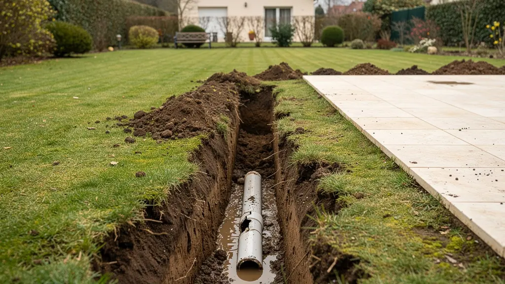 Tranchée ouverte dans un jardin révélant une canalisation piscine endommagée Tranchée ouverte dans un jardin révélant une canalisation piscine endommagée