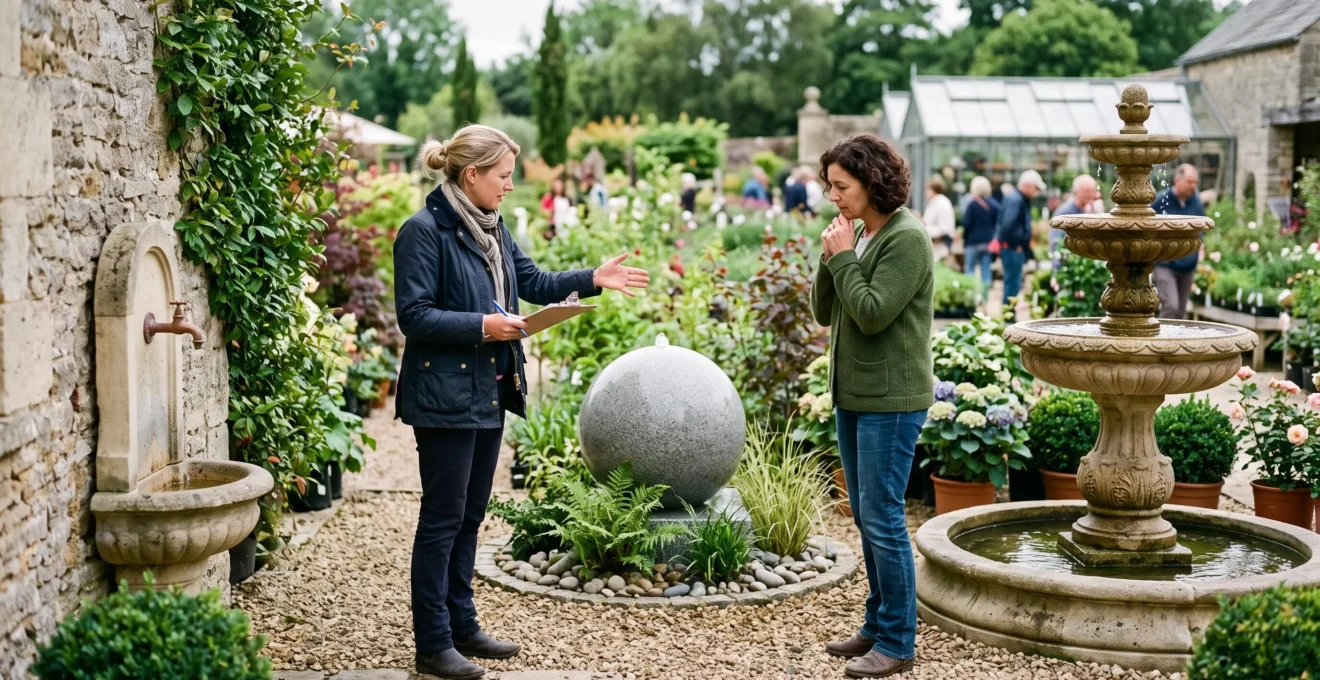 Un propriétaire et un paysagiste comparent plusieurs modèles de fontaines exposés dans une jardinerie en extérieur.