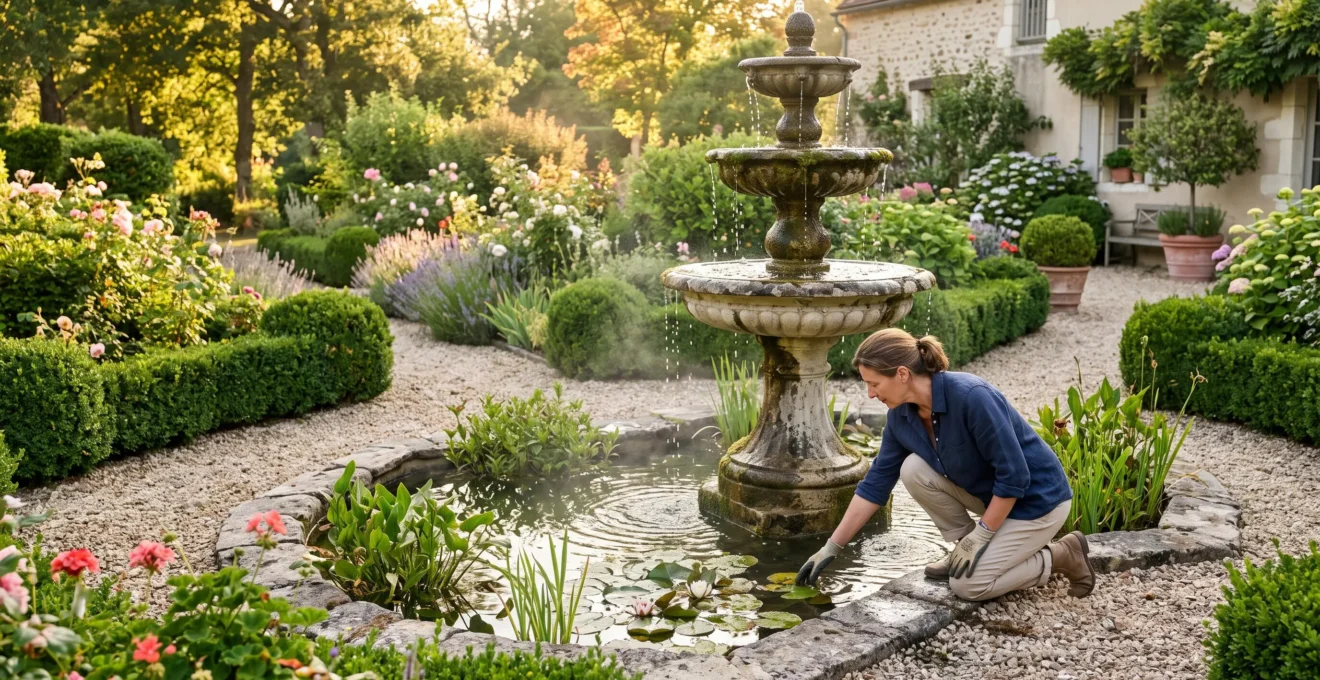 Une fontaine en pierre à plusieurs vasques coule dans un jardin avec un propriétaire agenouillé au bord du bassin.