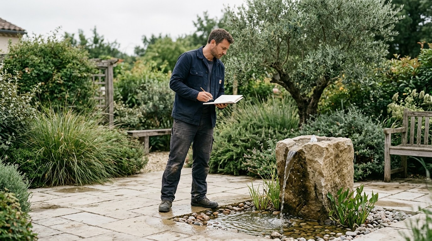 Un paysagiste observe une fontaine récemment installée dans un jardin en tenant un carnet et un crayon.